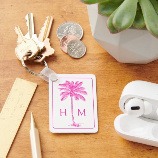 Roze en Witte Palmboom Monogram Sleutelhanger (Bureau)