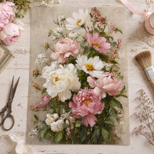 Roze en Witte Pioen Boeket Decoupage in Vintage St Tissuepapier