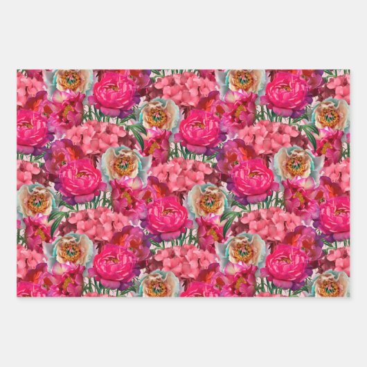 Roze en witte pioen en hortensia bloemen inpakpapier vel (Voorkant)