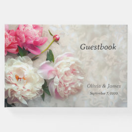 Roze en witte pioenen met kanten achtergrond gastenboek