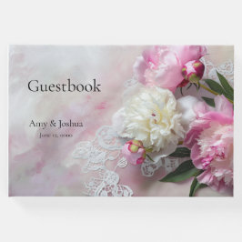Roze en witte pioenen op kant Gastenboek