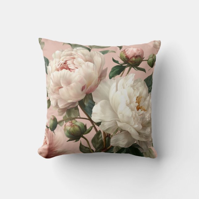 Roze en Witte Pioenrozen Elegant Kussen (Voorkant)