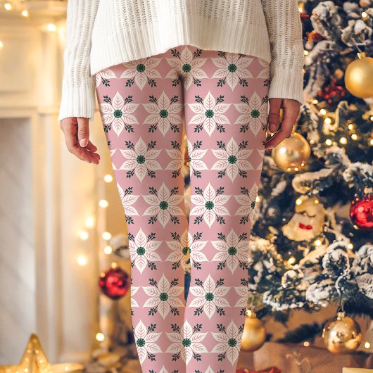Roze en witte poinsettia patroon Kerstmis Leggings