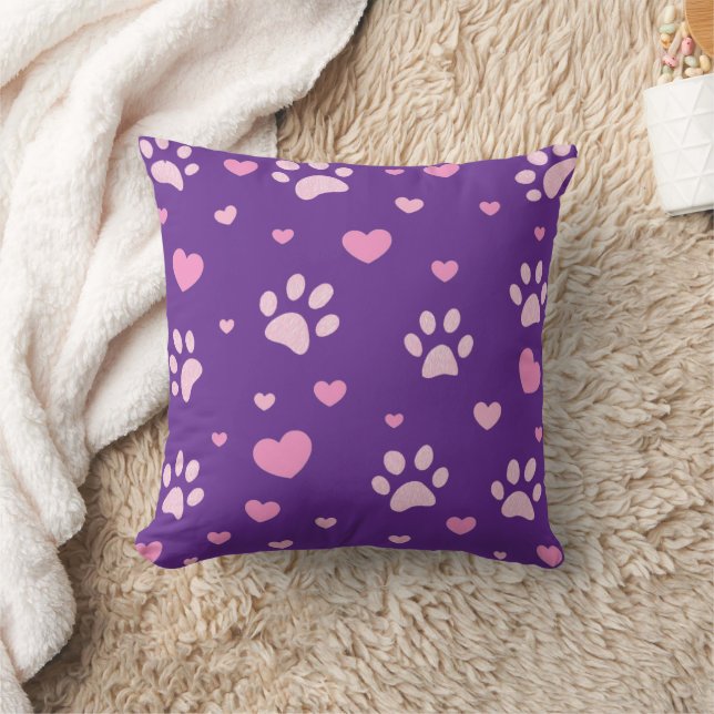 Roze en Witte Poot Print en Harten Paarse Kussen (Deken)