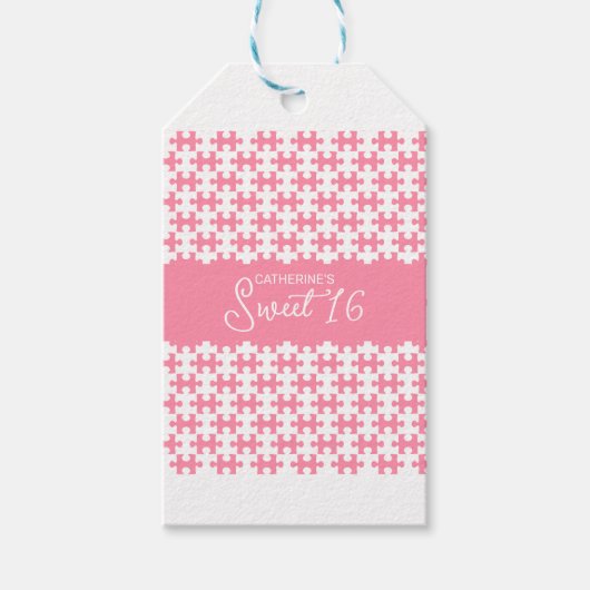 Roze en witte puzzel geruit zoet 16 cadeaulabel (Voorkant)