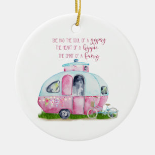 Roze en Witte Retro  Camper met Citaat Keramisch Ornament