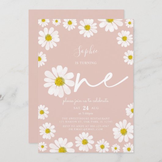 Roze en witte Retro Daisy First Birthday Kaart (Voorkant / Achterkant)