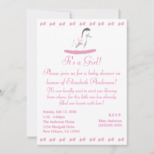 Roze en witte Rocking Horse Shower-uitnodiging Kaart (Voorkant)