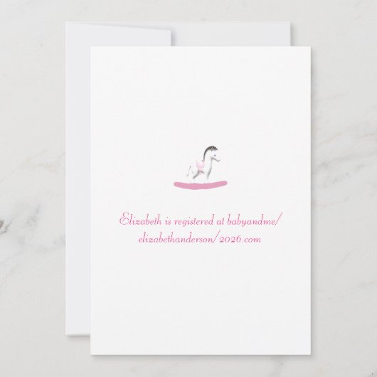 Roze en witte Rocking Horse Shower-uitnodiging Kaart (Achterkant)