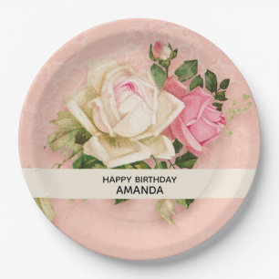 Roze en witte Rose Bouquet Birthday Papieren Bordje