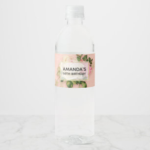 Roze en witte Rose Bouquet Birthday Waterfles Etiket