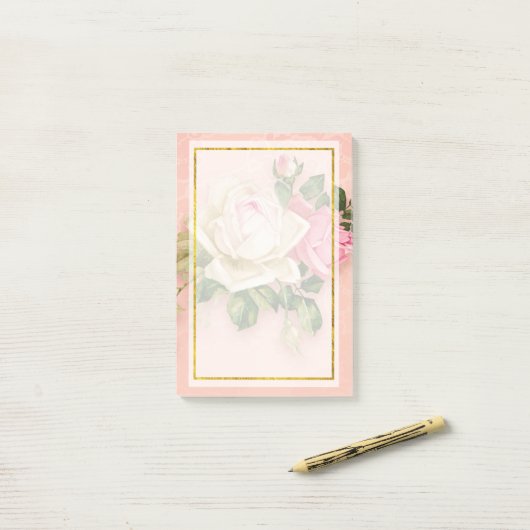 Roze en witte Rose Bouquet Post-it Notes (Op bureau)