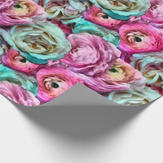 Roze en witte roze en pony bloemen cadeaupapier (Hoek)