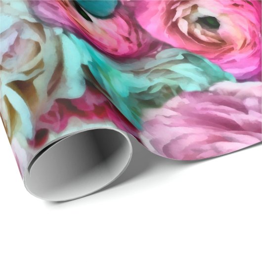 Roze en witte roze en pony bloemen cadeaupapier (Rol Hoek)