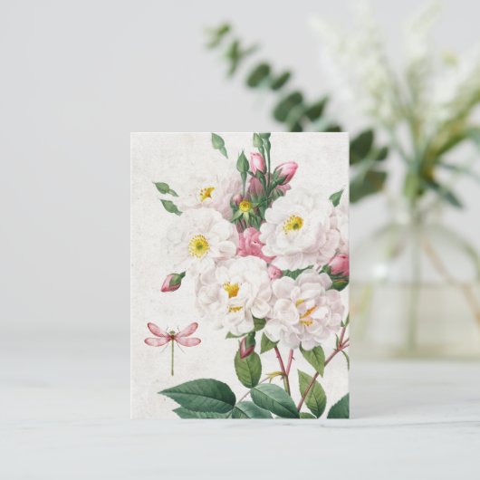  roze en witte rozen en dragonfly briefkaart (Staand voorkant)