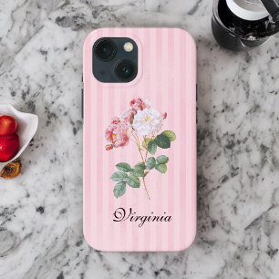  roze en witte rozen op roze strepen iPhone 13 mini hoesje