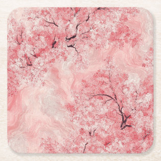 Roze en Witte Sakura Takken op Marineblauwe Aangep Vierkante Kartonnen Onderzetter