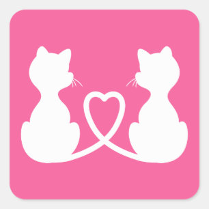 Roze en witte silhouet van twee katten verliefd vierkante sticker