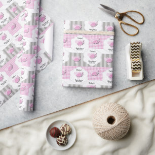 Roze en witte speldenstang met grijze streep Baby  Cadeaupapier
