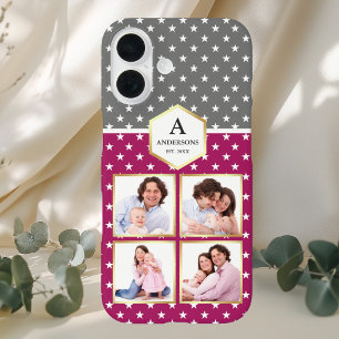 Roze en Witte Sterren Patroon Foto Collage iPhone 16 Hoesje