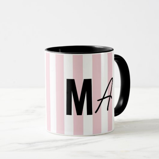 Roze en witte streep gepersonaliseerd modern monog mok (Voorkant rechts)