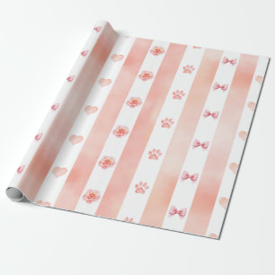 Roze en witte streep - Harten, Roos, Paw Print Cadeaupapier