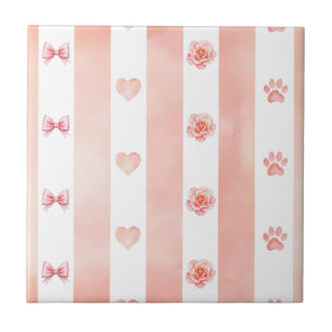 Roze en witte streep - Harten, Roos, Paw Print Tegeltje