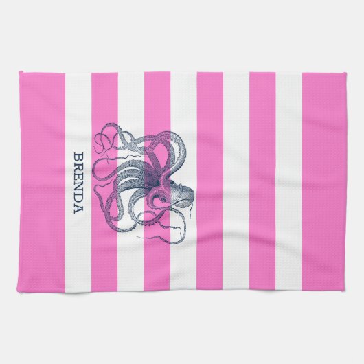 Roze en witte strepen Blauw nitisch octopus Theedoek (Horizontaal)