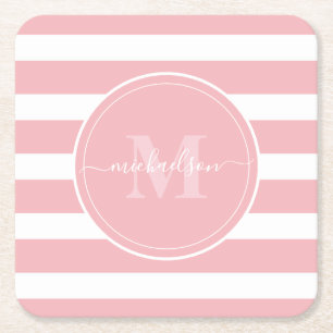 Roze en Witte Strepen Monogram Naam Vierkante Kartonnen Onderzetter