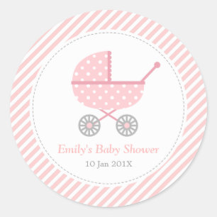 Roze en witte strepen, rolband, Babymeisje Ronde Sticker