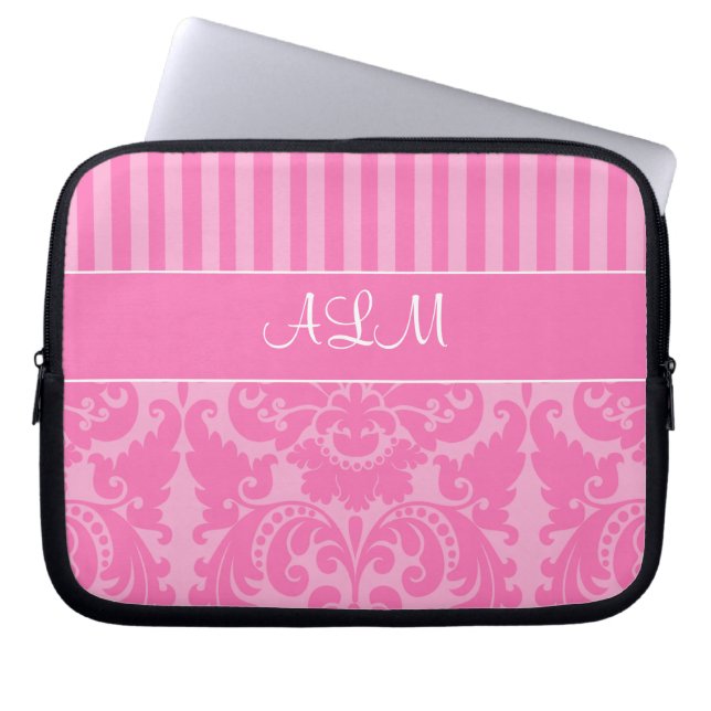 Roze en witte, stripte laptophoes laptop sleeve (Voorkant)