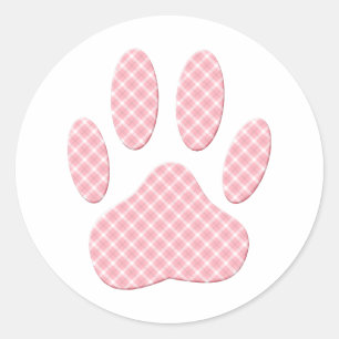 Roze en witte Tartan Dog Paw Print Ronde Sticker