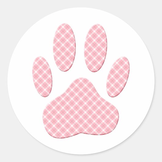 Roze en witte Tartan Dog Paw Print Ronde Sticker (Voorkant)
