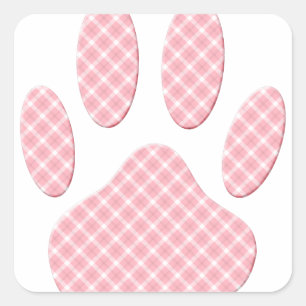Roze en witte Tartan Dog Paw Print Vierkante Sticker