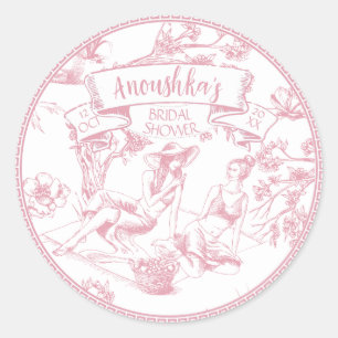 Roze en witte Toile de Jouy Vrijgezellenfeest Ronde Sticker