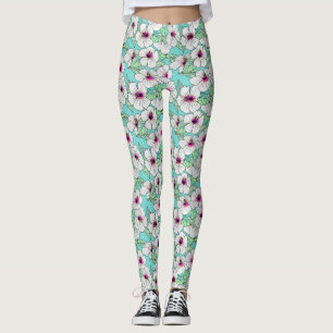 Roze en witte Tropische Hibiscus Floral Patroon Leggings