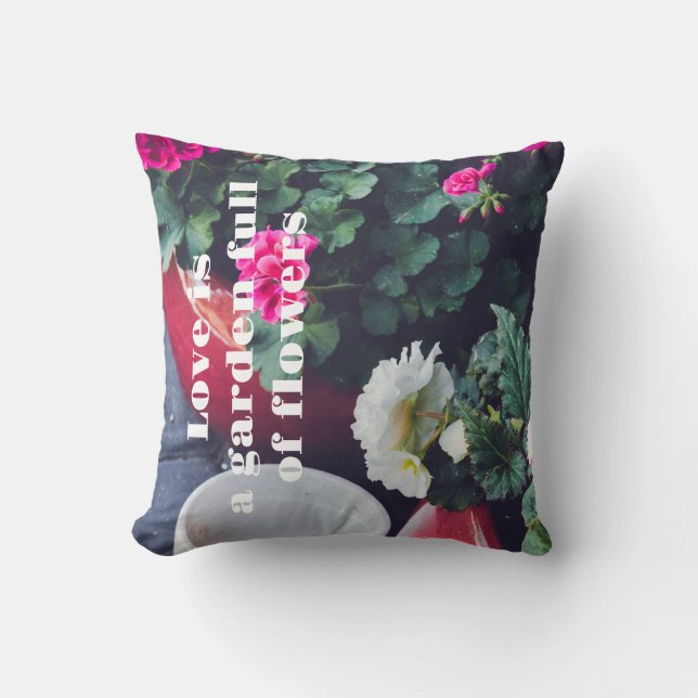 Roze en witte tuin geranium bloemen kussen (Voorkant)