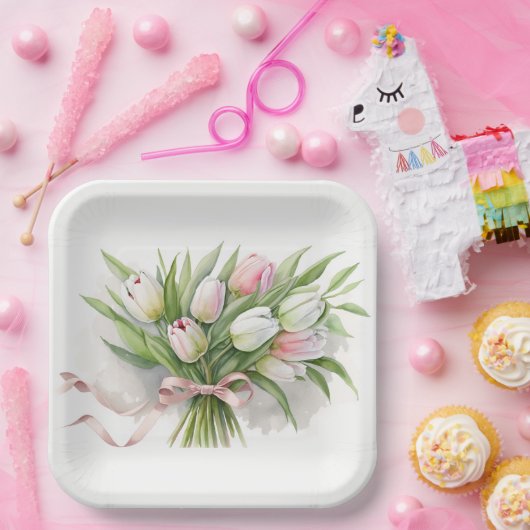 Roze en witte Tulip Bouquet Papieren Bordje (Feest)