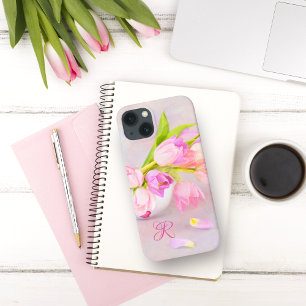 Roze en witte tulpen in theekopjes Monogram iPhone 13 Hoesje