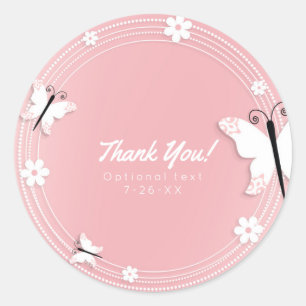 Roze en Witte Vlinders & Bloemen Custom Favor Ronde Sticker