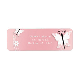 Roze en Witte Vlinders & Bloemen Uitnodiging Etiket