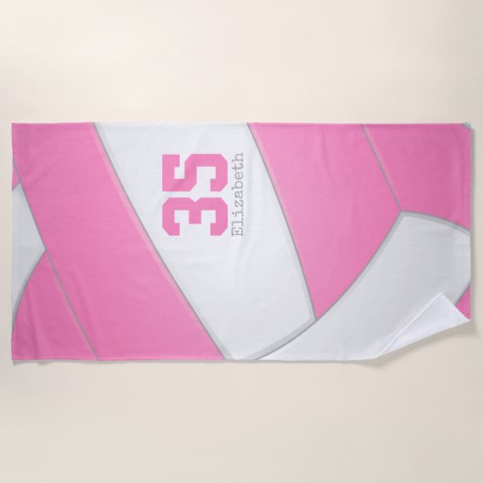 Roze en witte volleybal meisjes gepersonaliseerd strandlaken (Voorkant)