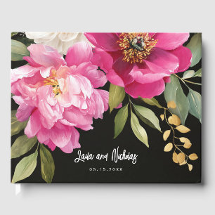 Roze en witte Waterverf pioenroos bloemenbruiloft Gastenboek