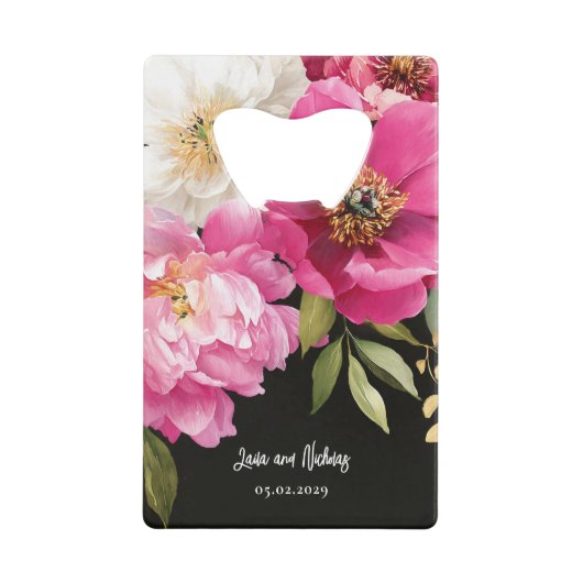 Roze en witte Waterverf pioenroos bloemenbruiloft Kredietkaart Flessenopener (Voorkant)