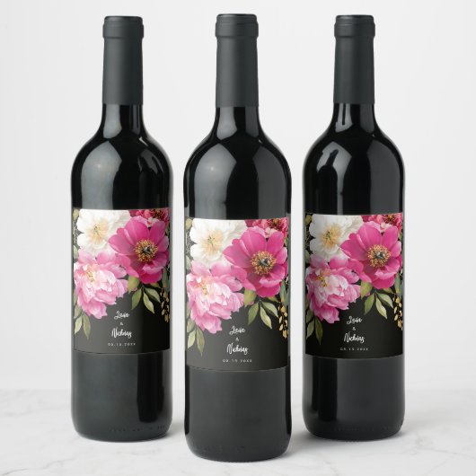 Roze en witte Waterverf pioenroos bloemenbruiloft Wijn Etiket (Flessen)