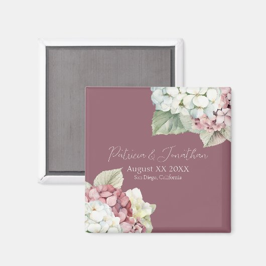 Roze en witte waterverfhydrangeabloemen op blozend magneet (Voorkant / Achterkant)