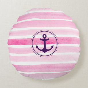 Roze en witte Waterverven Trendy Anchor Rond Kussen