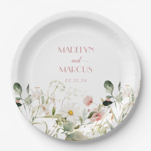 Roze en witte wilde bloemen bruiloft receptie papieren bordje (Voorkant)