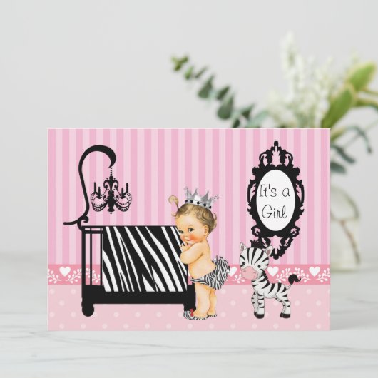 Roze en Zebra Uitnodiging (Staand voorkant)