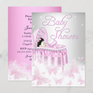 Roze en zilver Baby shower van vlinder Kaart